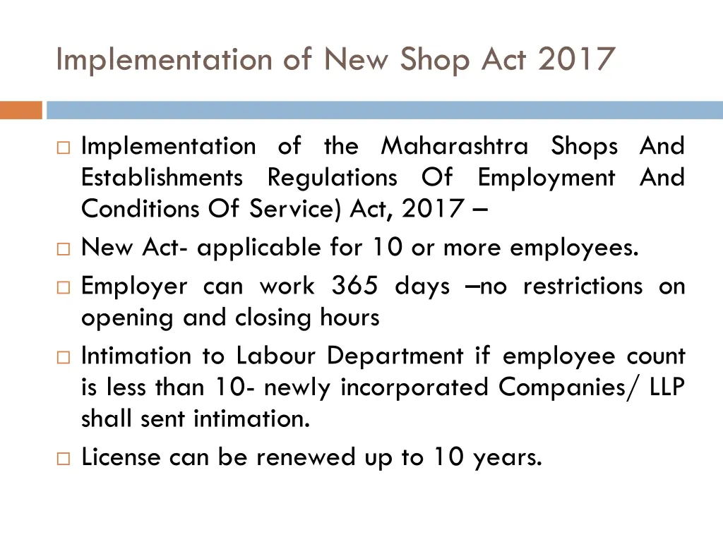 implementation of new shop act 2017