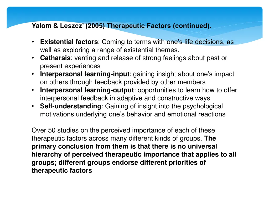 yalom leszcz 2005 therapeutic factors continued