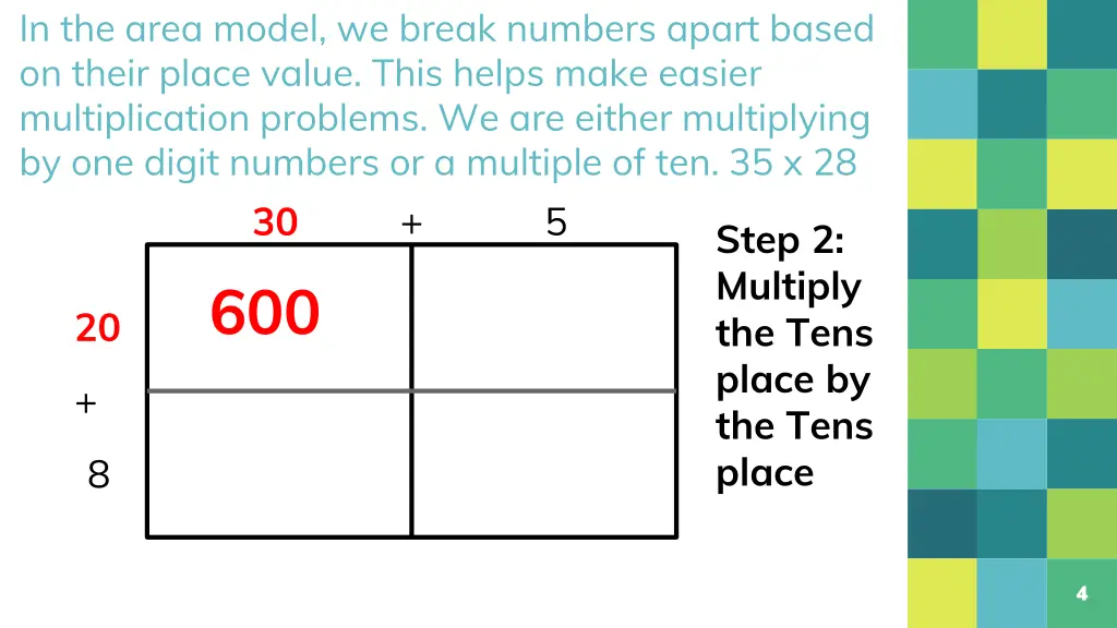 in the area model we break numbers apart based 1