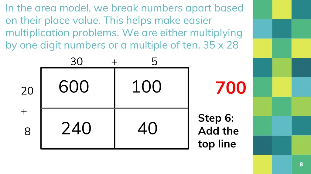 in the area model we break numbers apart based 5