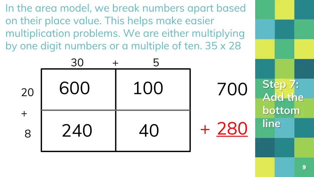 in the area model we break numbers apart based 6