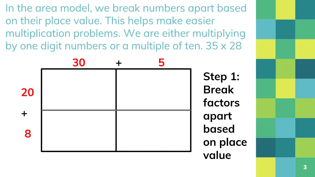 in the area model we break numbers apart based