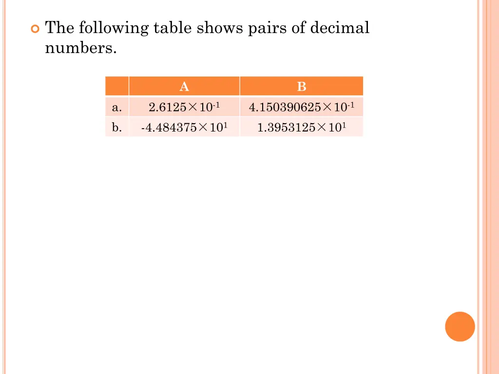 the following table shows pairs of decimal numbers