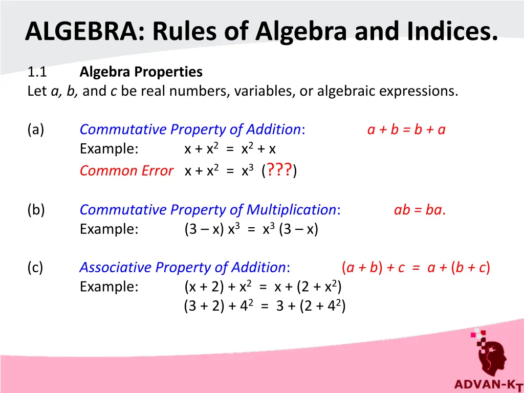 algebra rules of algebra and indices