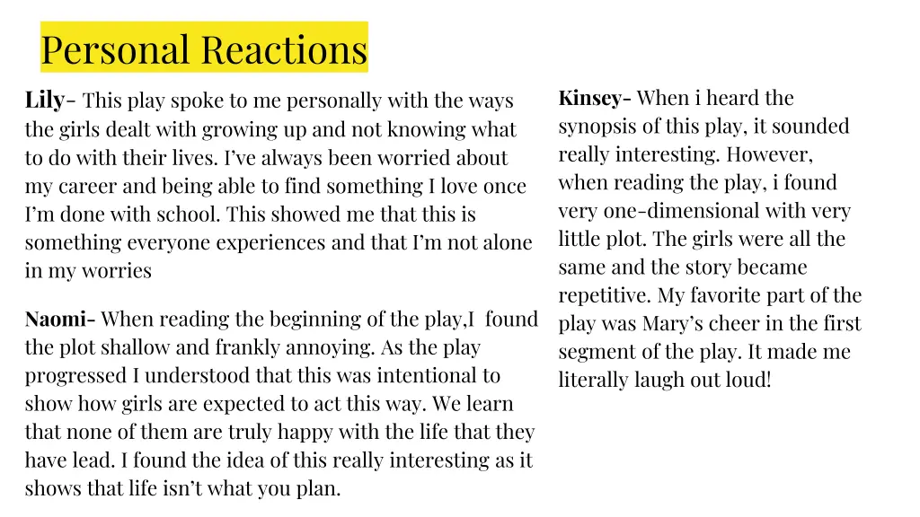 personal reactions lily this play spoke