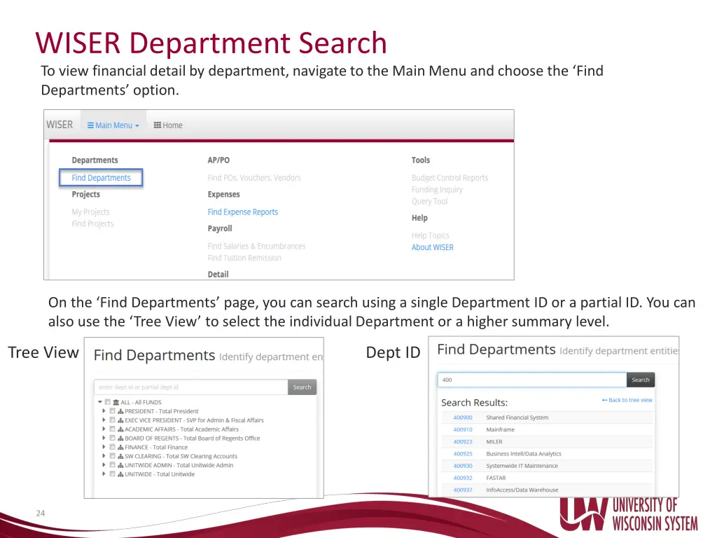 wiser department search to view financial detail