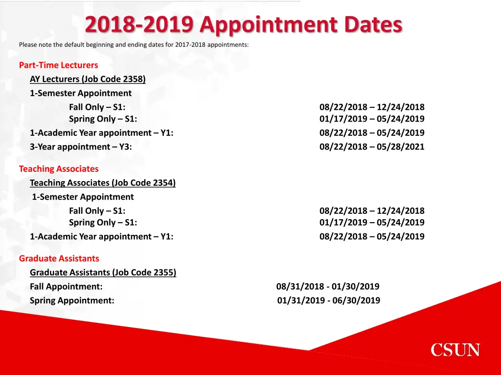 2018 2019 appointment dates please note