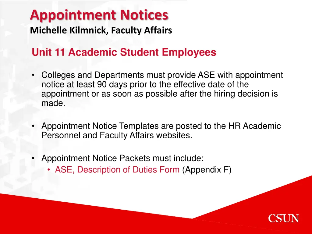 appointment notices michelle kilmnick faculty