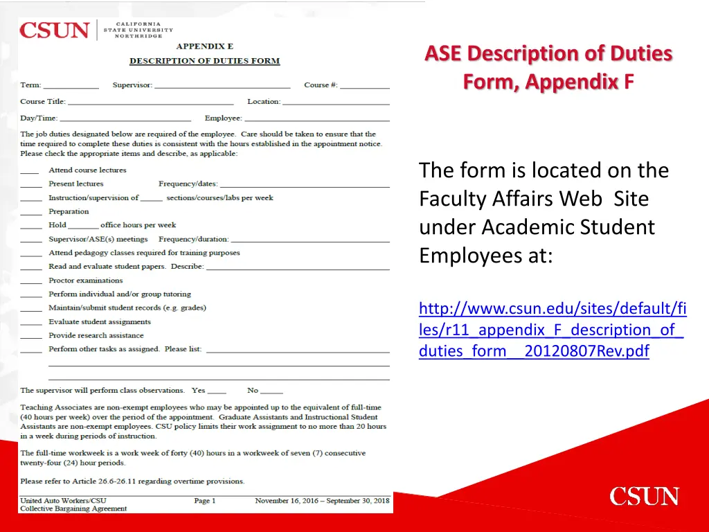 ase description of duties form appendix f