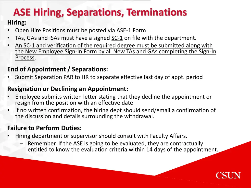 ase hiring separations terminations hiring open