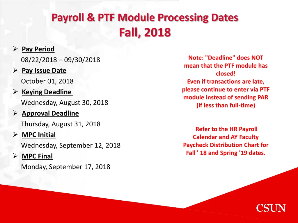 payroll ptf module processing dates fall 2018