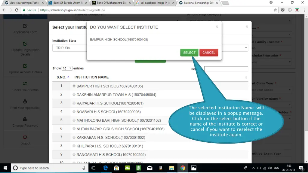 the selected institution name will be displayed