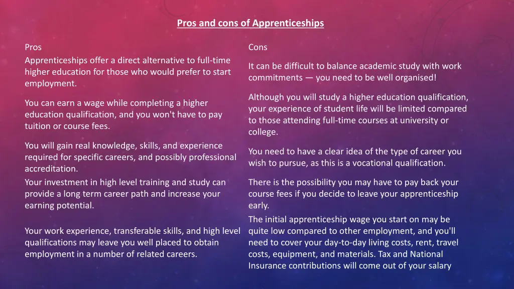 pros and cons of apprenticeships