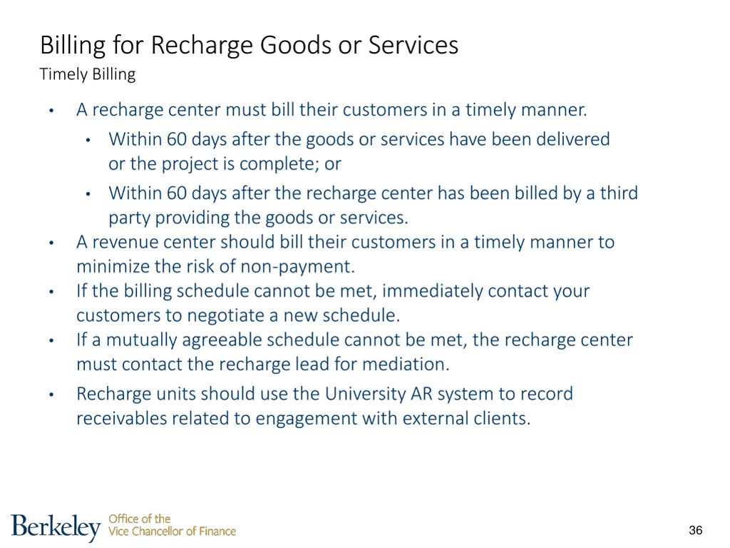 billing for recharge goods or services timely