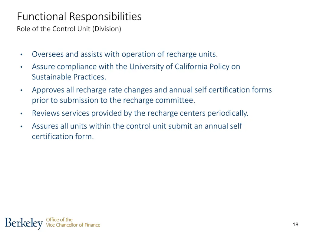 functional responsibilities role of the control