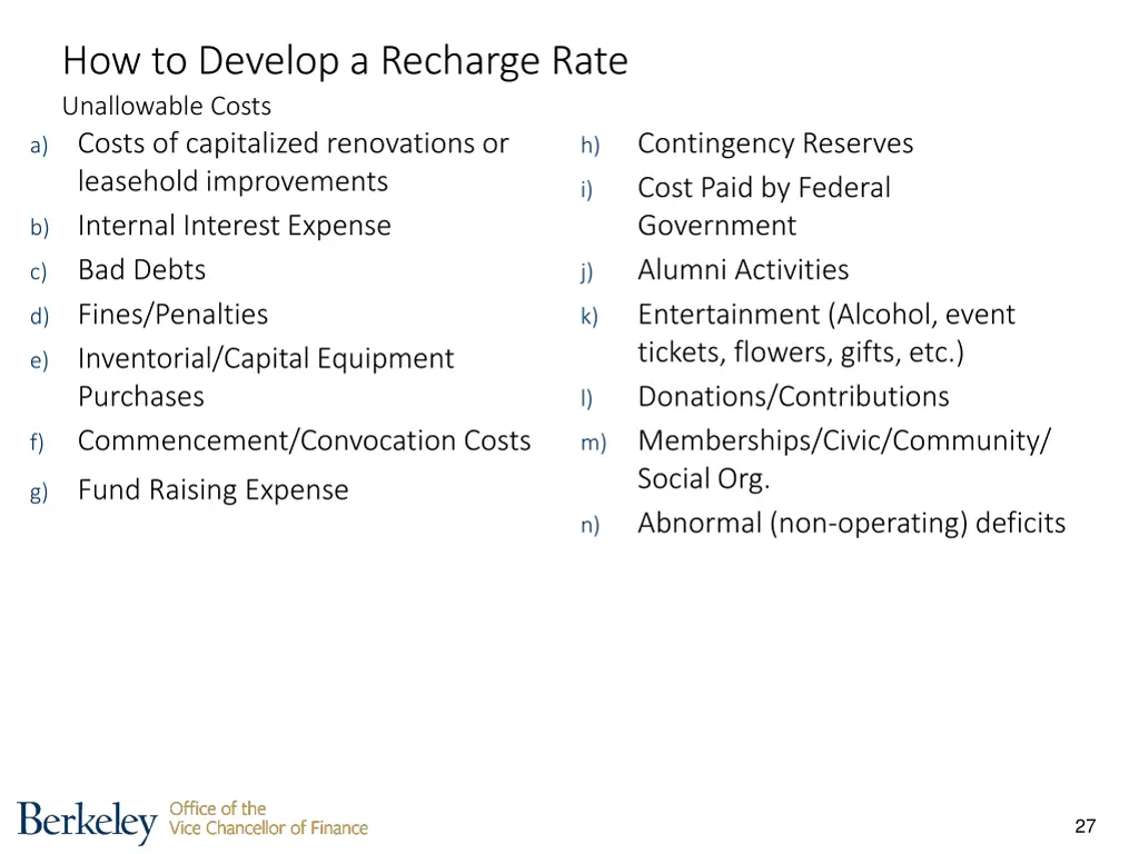 how to develop a recharge rate unallowable costs