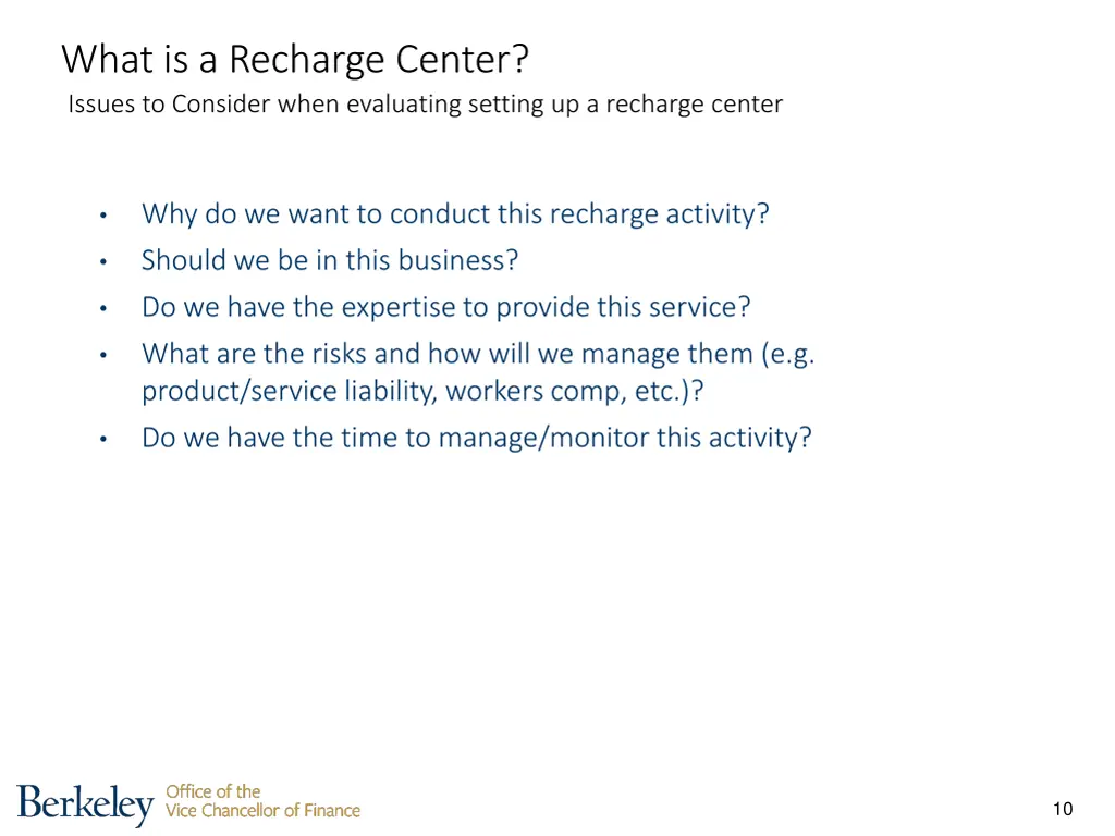 what is a recharge center issues to consider when