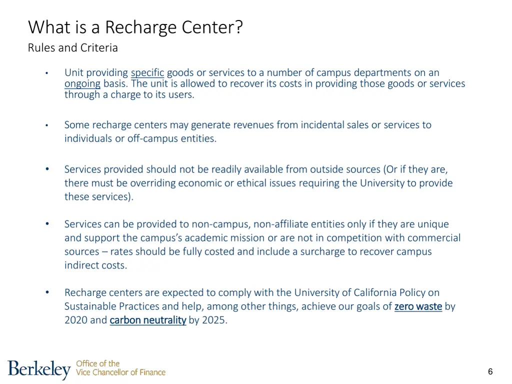 what is a recharge center rules and criteria