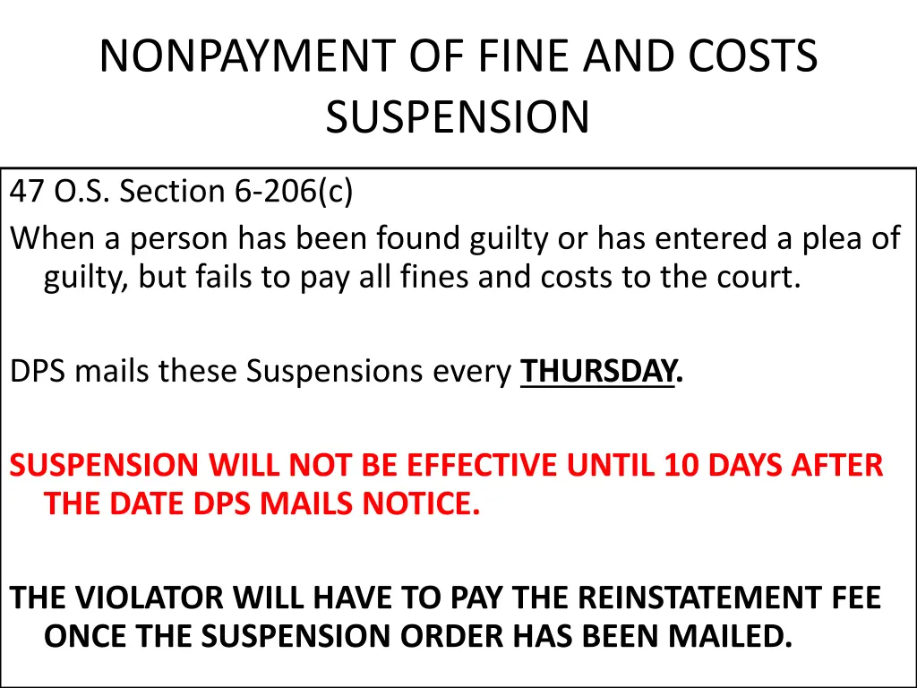 nonpayment of fine and costs suspension