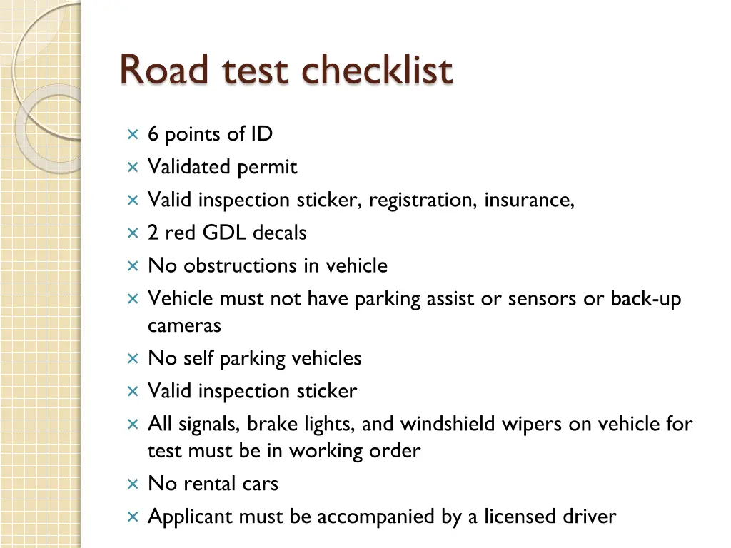 road test checklist