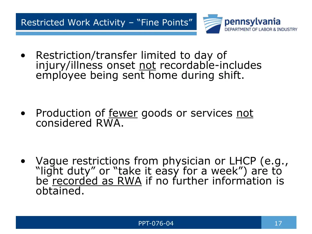 restricted work activity fine points