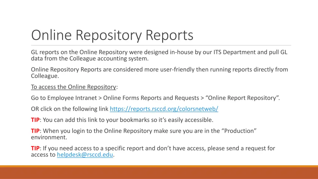 online repository reports