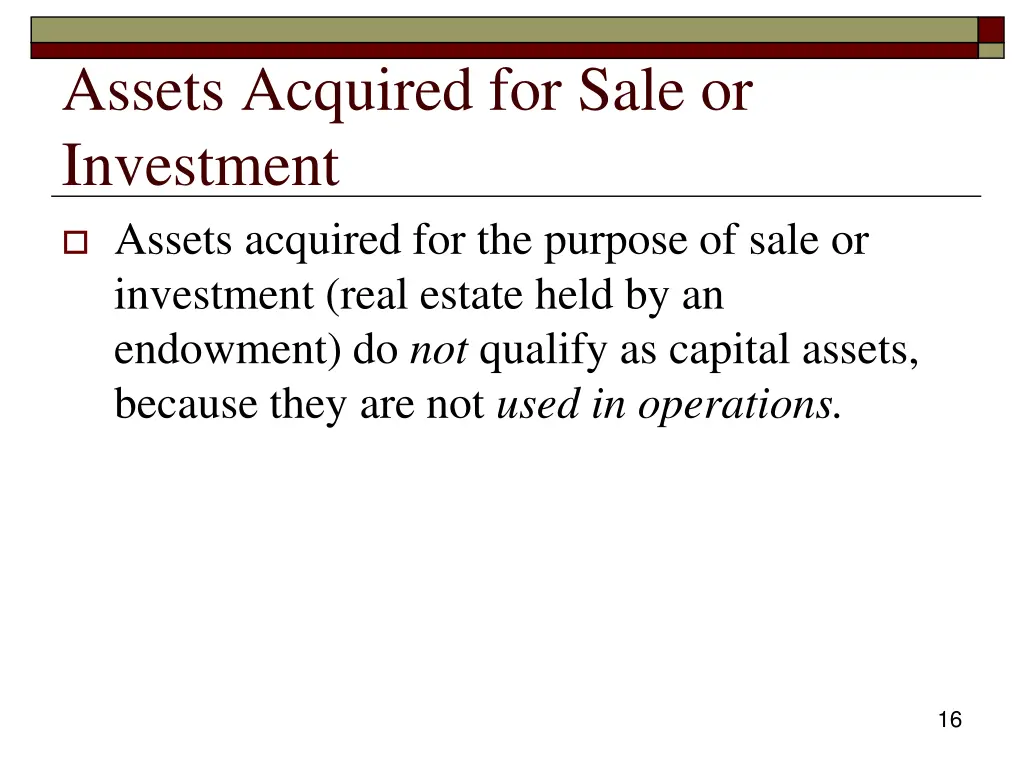 assets acquired for sale or investment assets