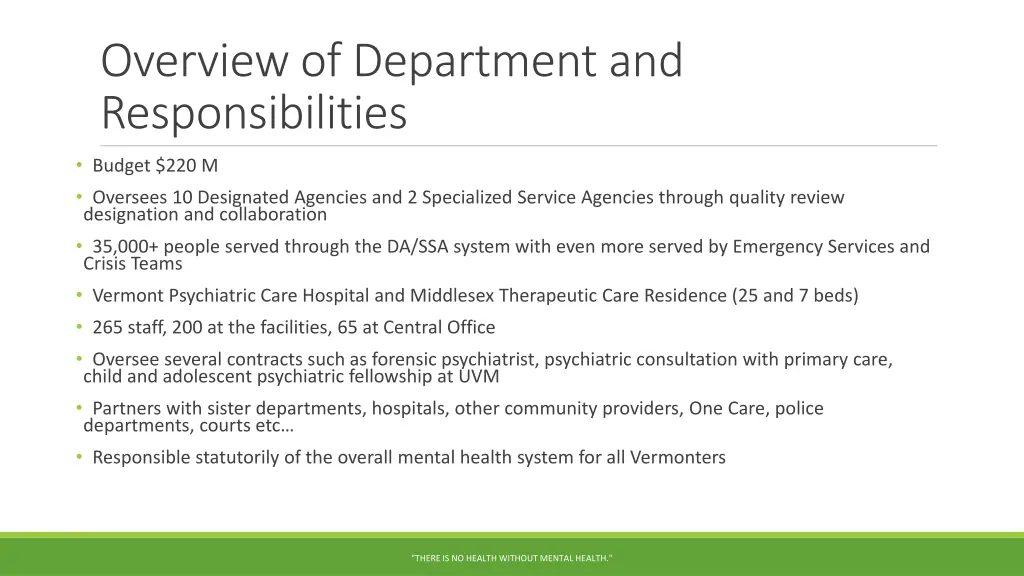 overview of department and responsibilities