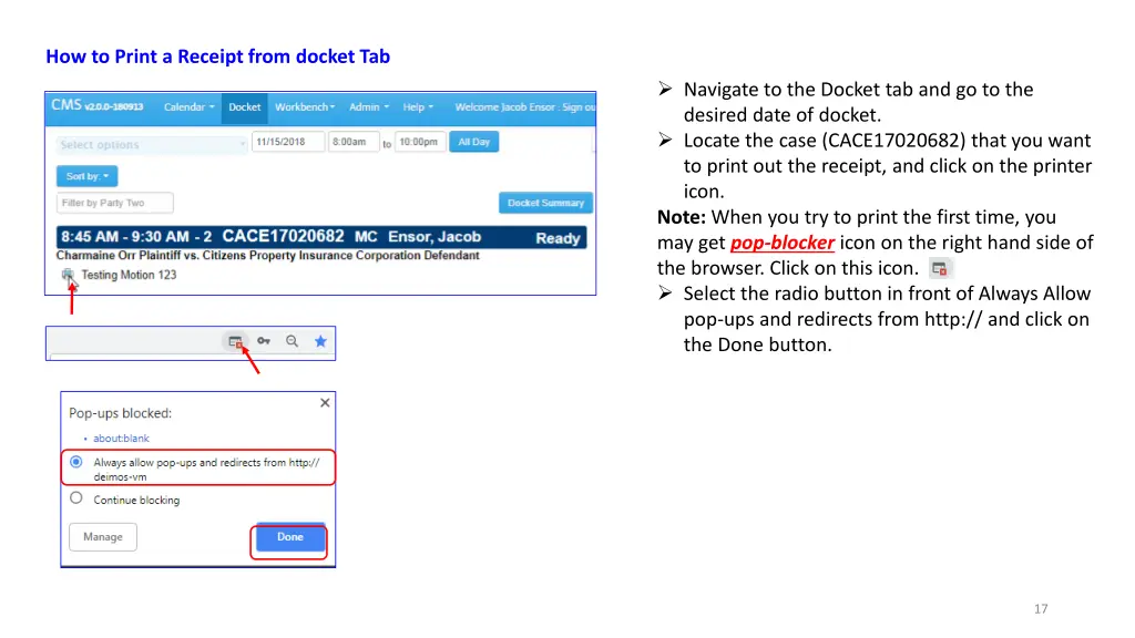 how to print a receipt from docket tab