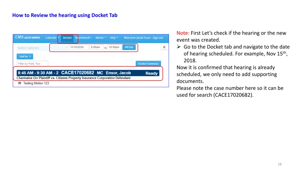 how to review the hearing using docket tab