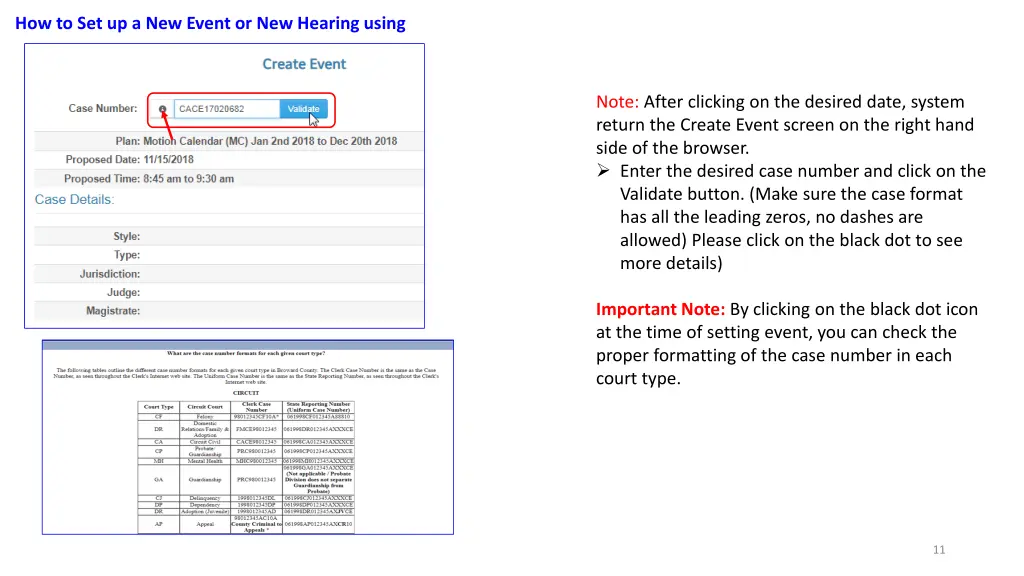 how to set up a new event or new hearing using 5