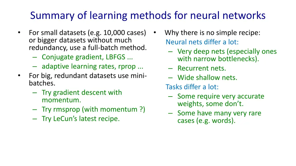 summary of learning methods for neural networks