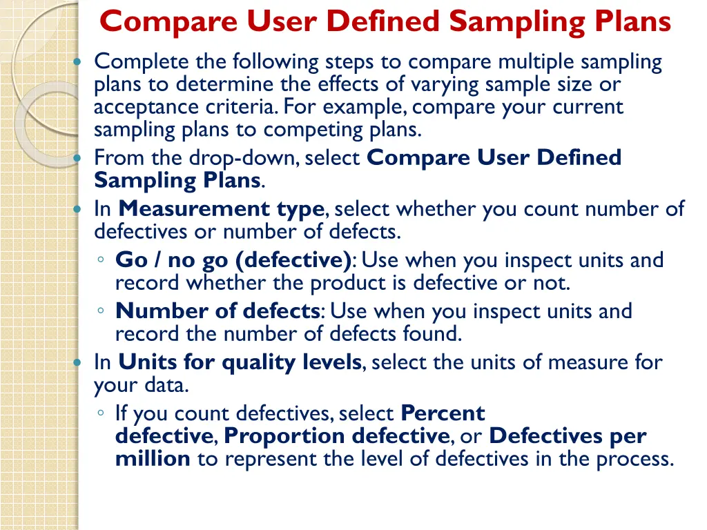 compare user defined sampling plans complete