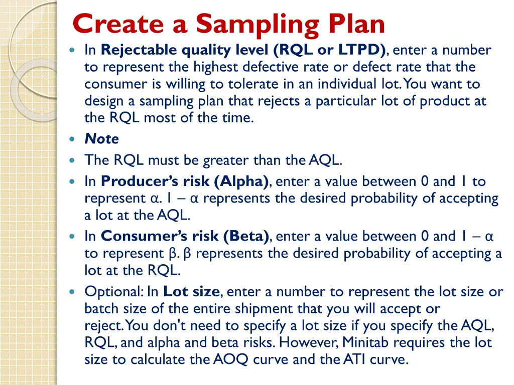 create a sampling plan in rejectable quality