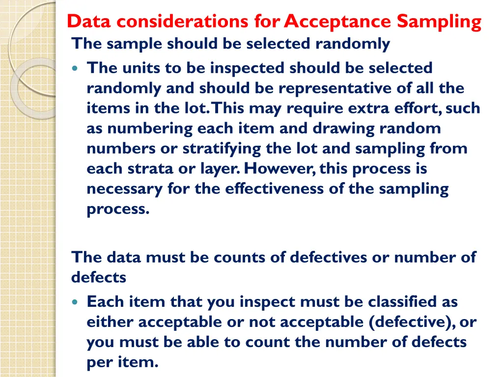 data considerations for acceptance sampling