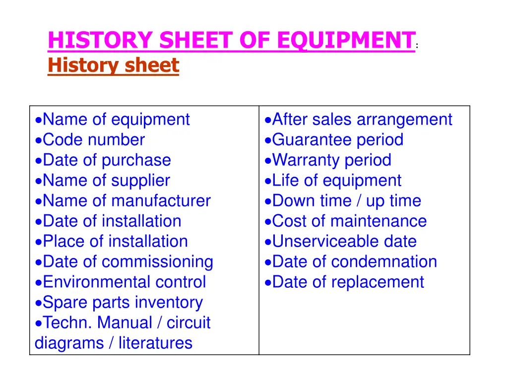 history sheet of equipment history sheet