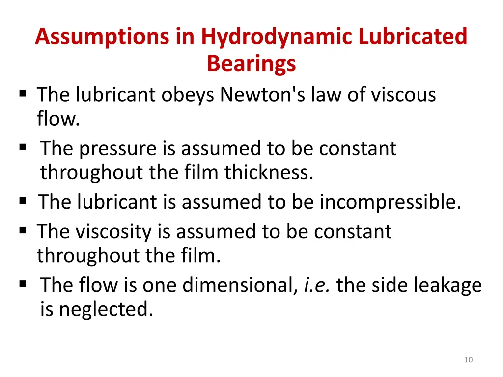 assumptions in hydrodynamic lubricated bearings