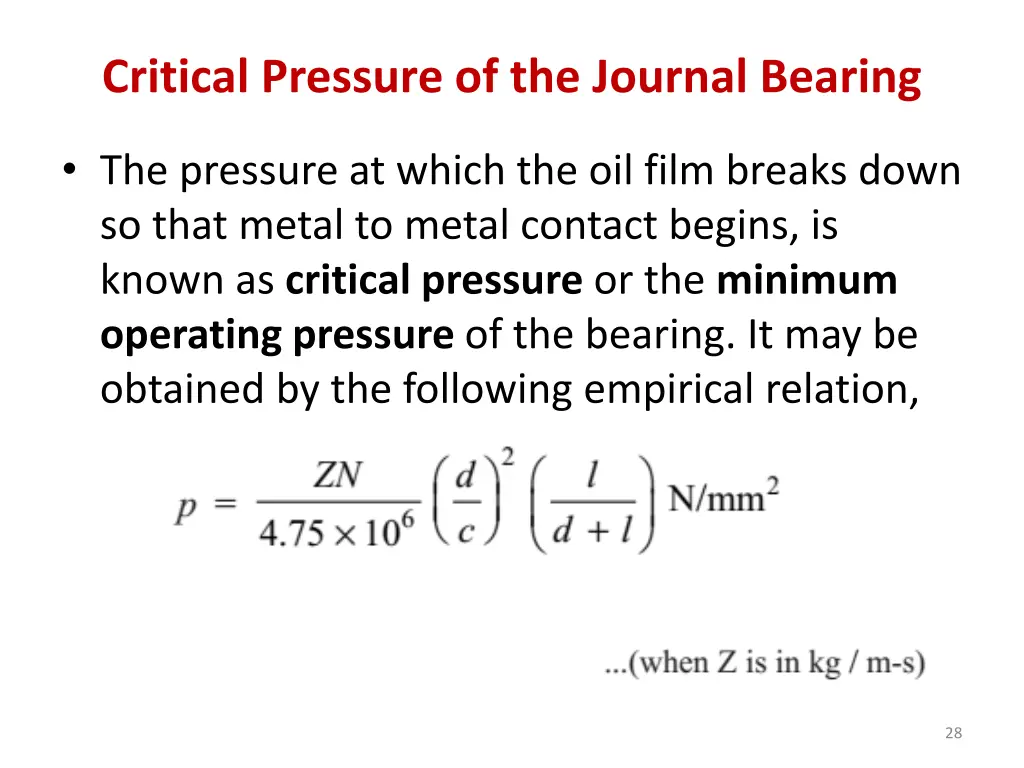 critical pressure of the journal bearing