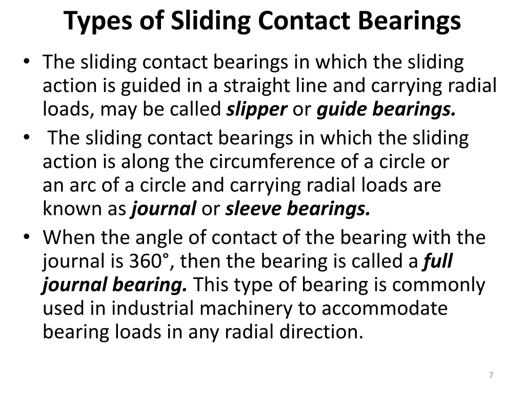 types of sliding contact bearings