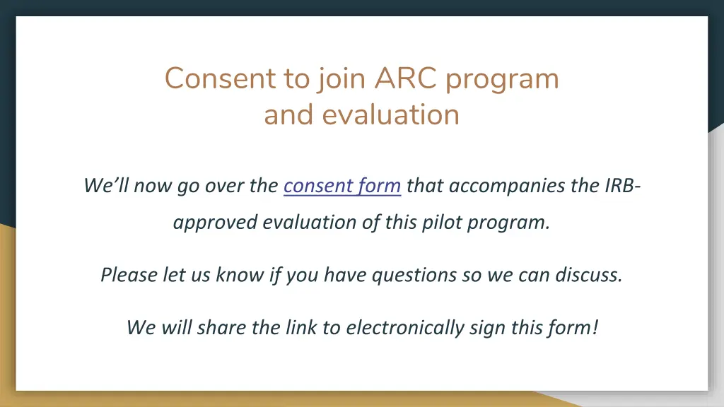 consent to join arc program and evaluation