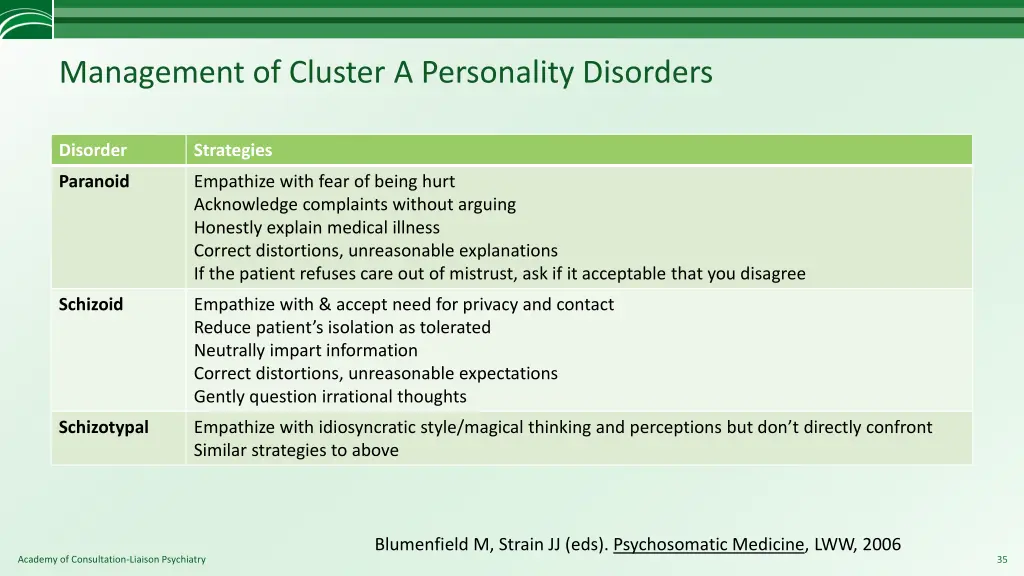 management of cluster a personality disorders