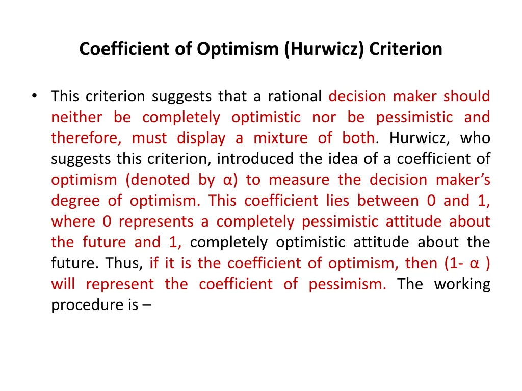 coefficient of optimism hurwicz criterion