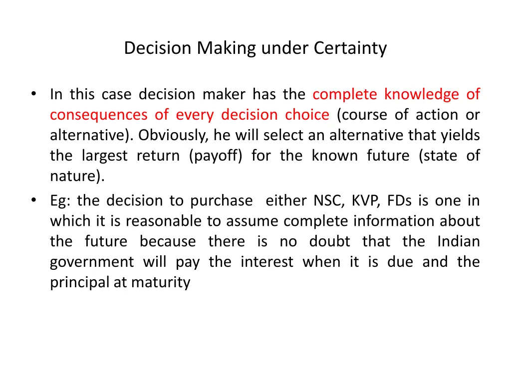 decision making under certainty