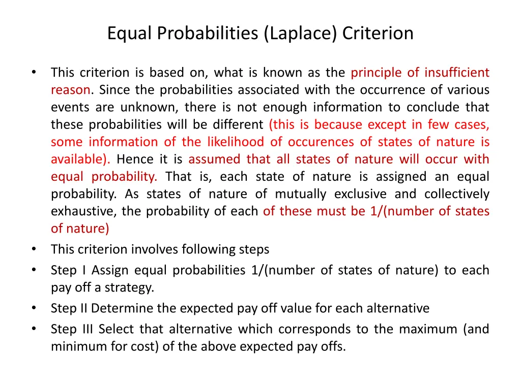 equal probabilities laplace criterion