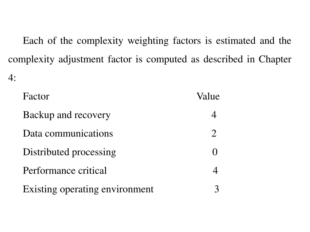 each of the complexity weighting factors