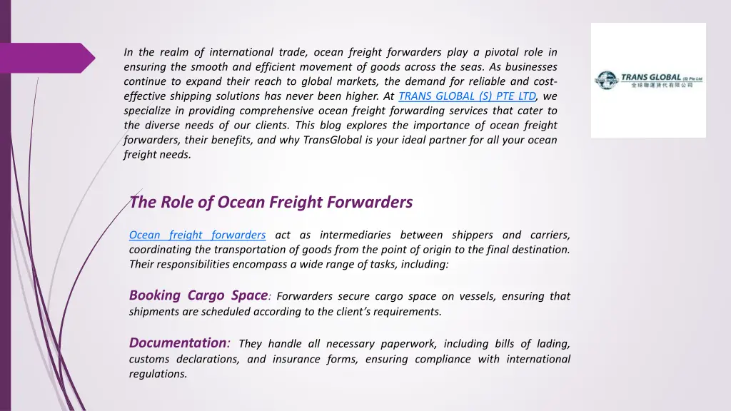 in the realm of international trade ocean freight