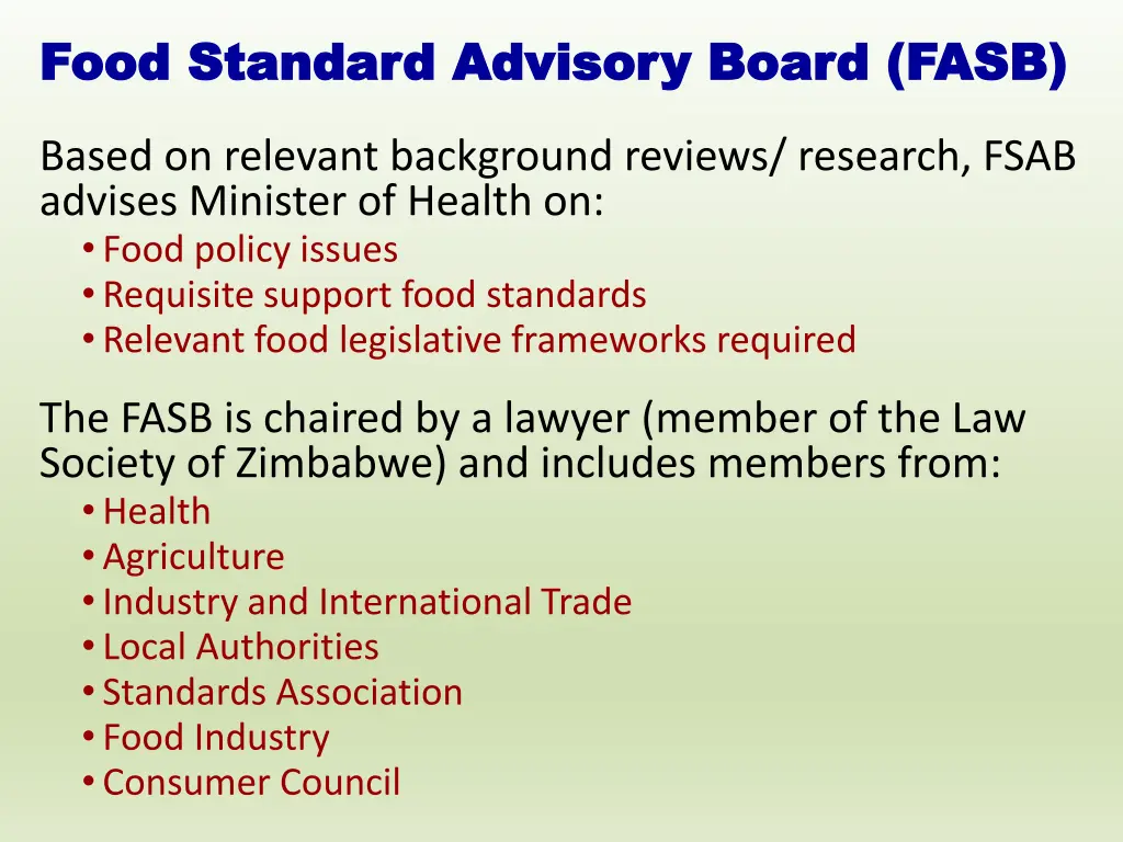 food standard advisory board fasb food standard