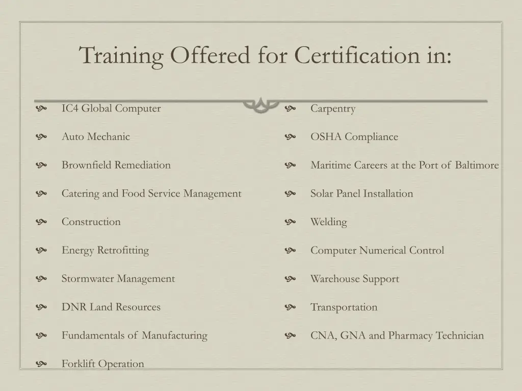 training offered for certification in