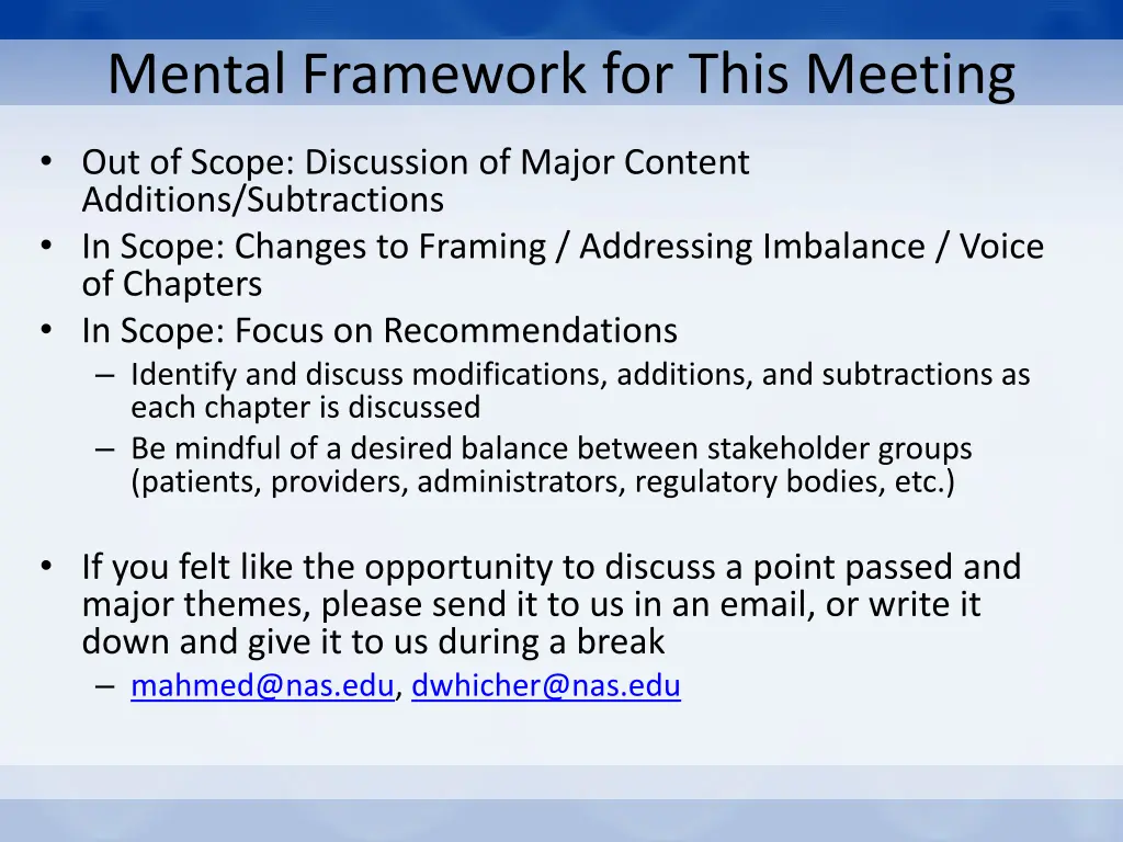 mental framework for this meeting