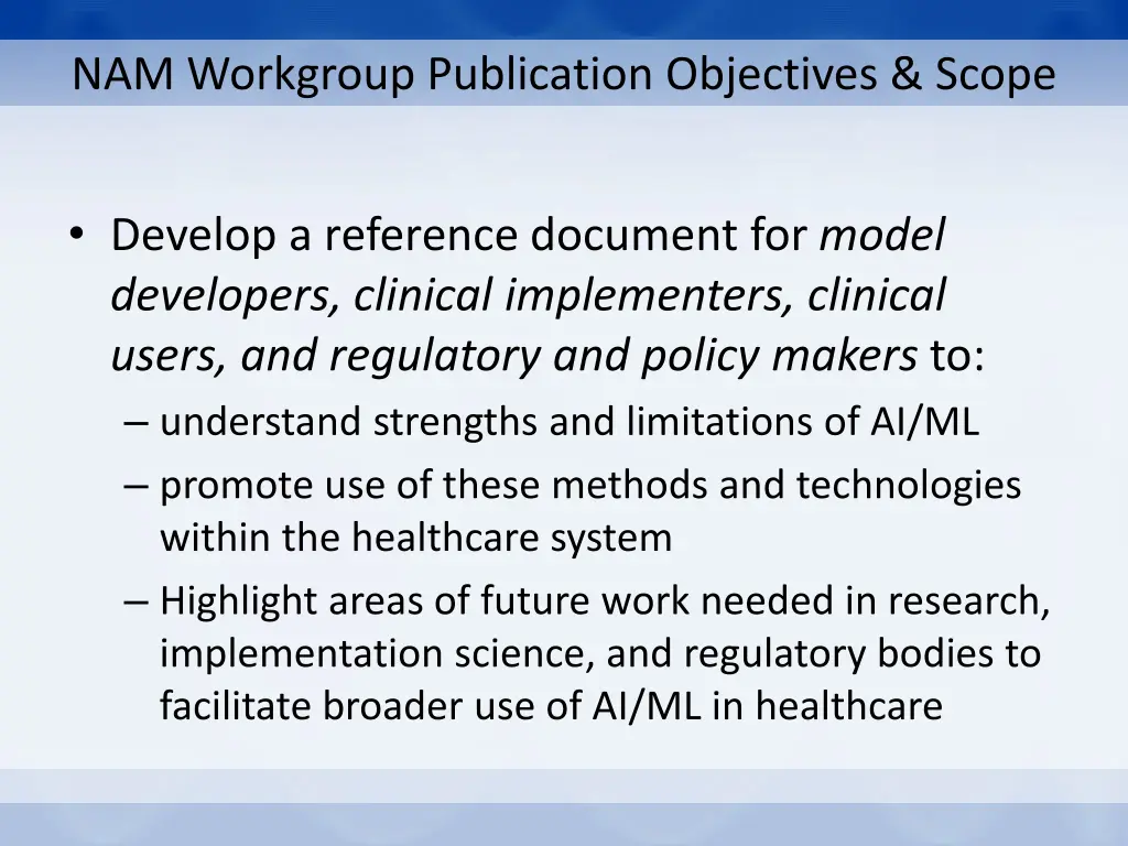 nam workgroup publication objectives scope